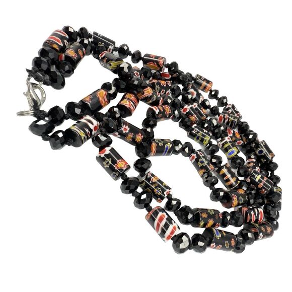 Vintage Black Millefiori Glass Crystal Beaded Necklace 24" Multi-Strand Layered - Picture 7 of 9